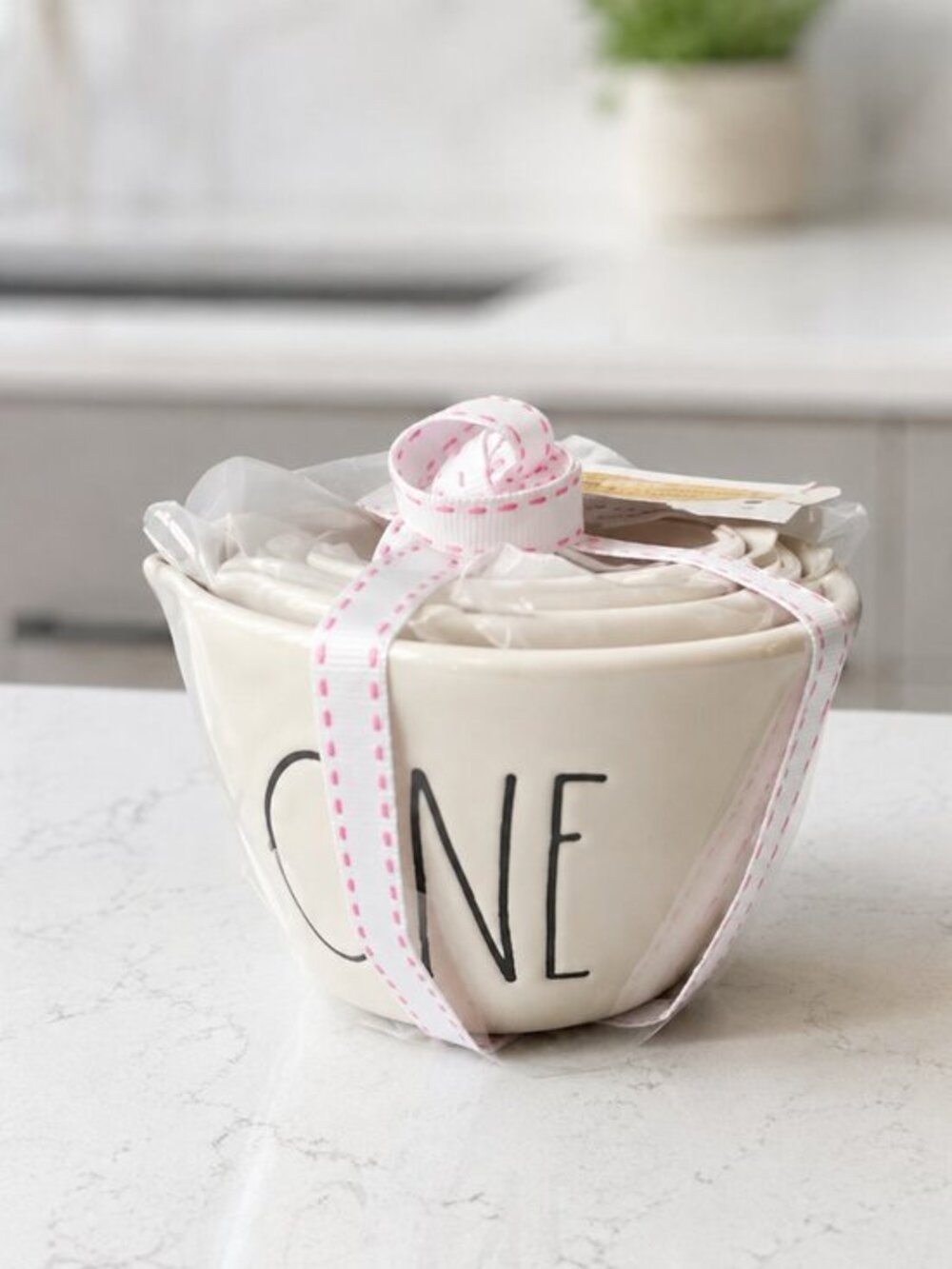 Rae Dunn White Ceramic Measuring Cups Set of 4 Pink Ribbon NWT